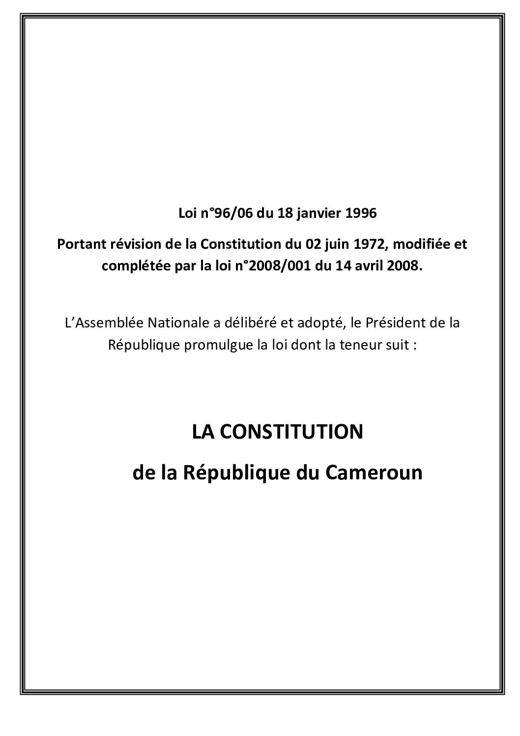 Constitution de la République du Cameroun (Loi n°96/06 du 18 janvier 1996 modifié en 2008)