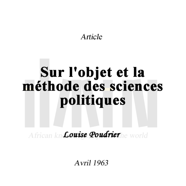 Sur l'objet et la méthode des sciences politiques