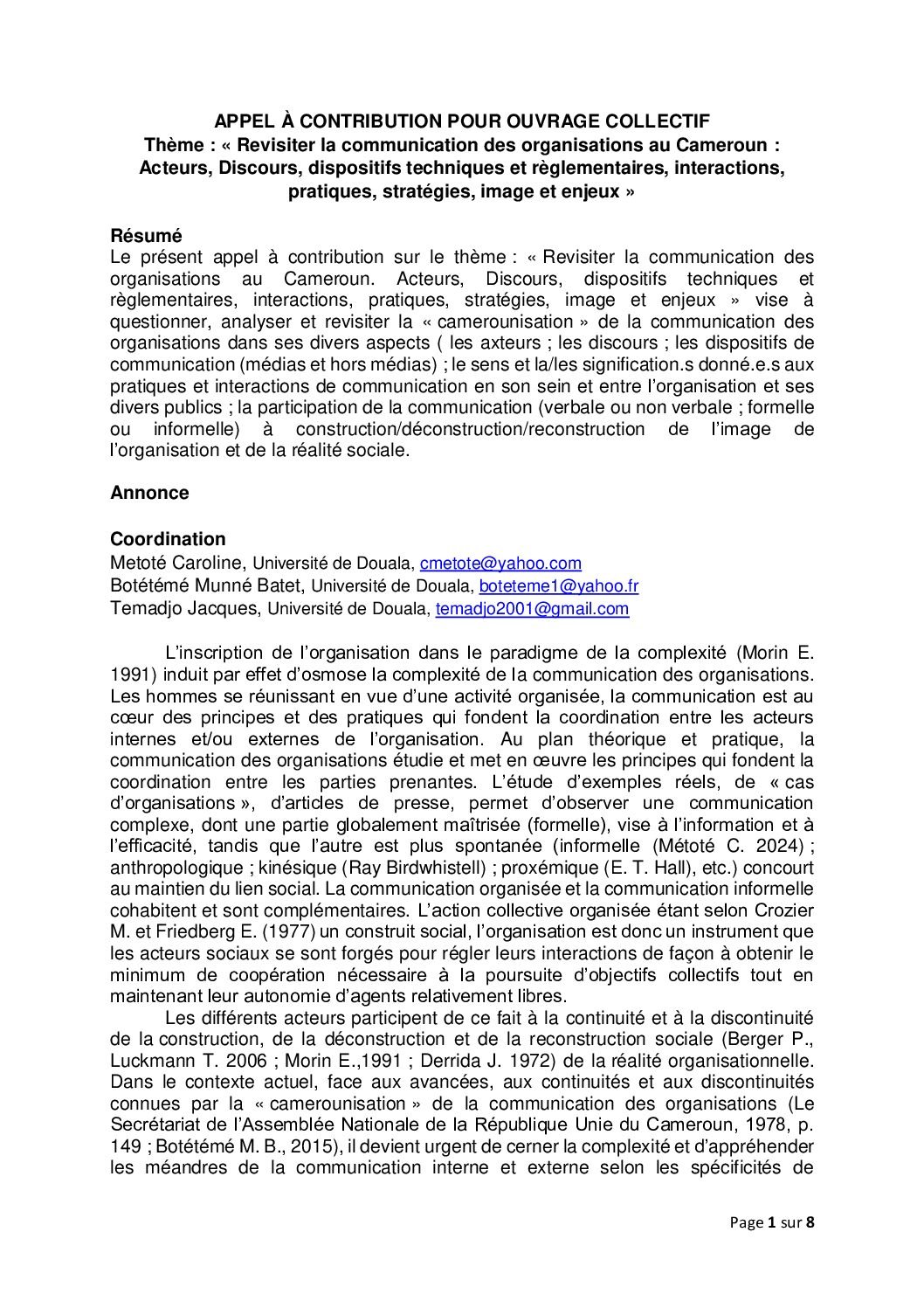 [Appel à contributions - Mars 2025] Revisiter la communication des organisations au Cameroun