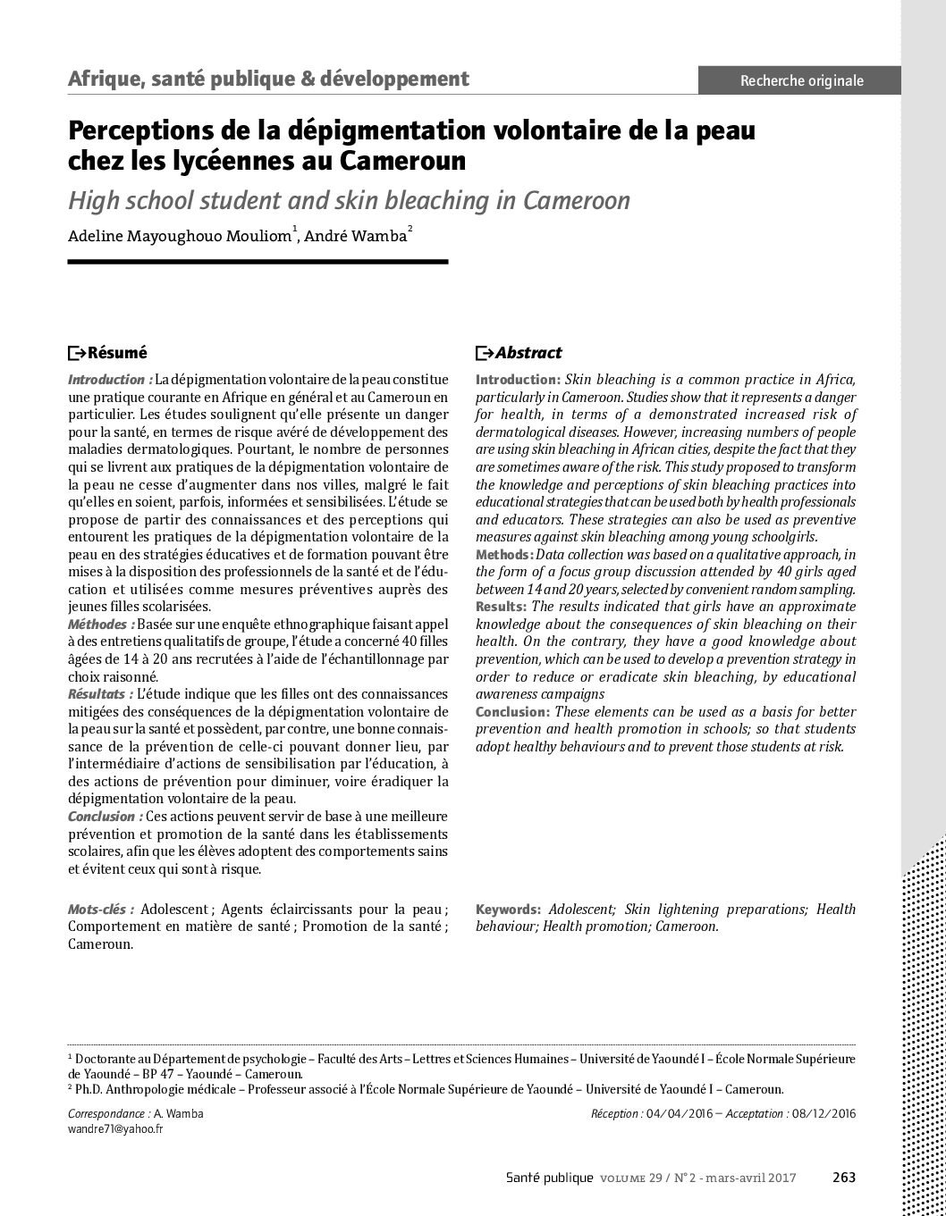 Perceptions de la dépigmentation volontaire de la peau chez les lycéennes au Cameroun