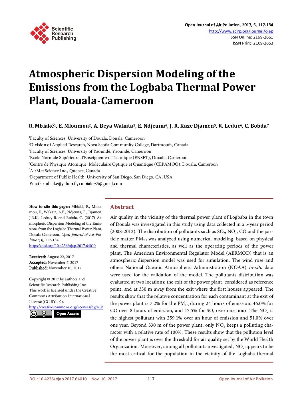 Atmospheric Dispersion Modeling of the Emissions from the Logbaba Thermal Power Plant, Douala-Cameroon