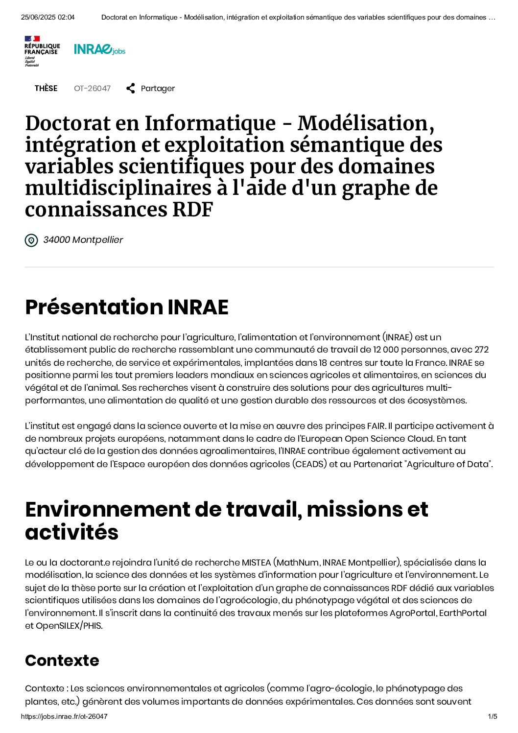 [Contrat de recherche - Septembre 2025] Contrat doctoral en informatique sur l'analyse sémantique de variables à INRAE