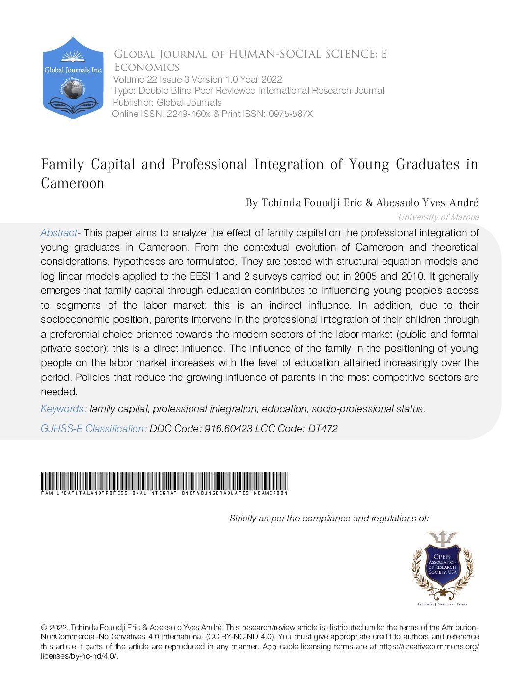 Family Capital and Professional Integration of Young Graduates in Cameroon