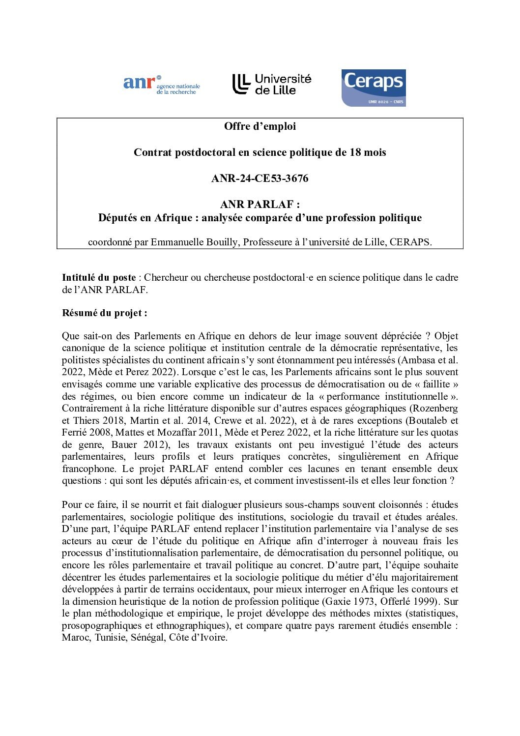 [Contrat de recherche - Juillet 2025] Contrat postdoctoral en science politique dans le cadre du projet l’ANR PARLAF