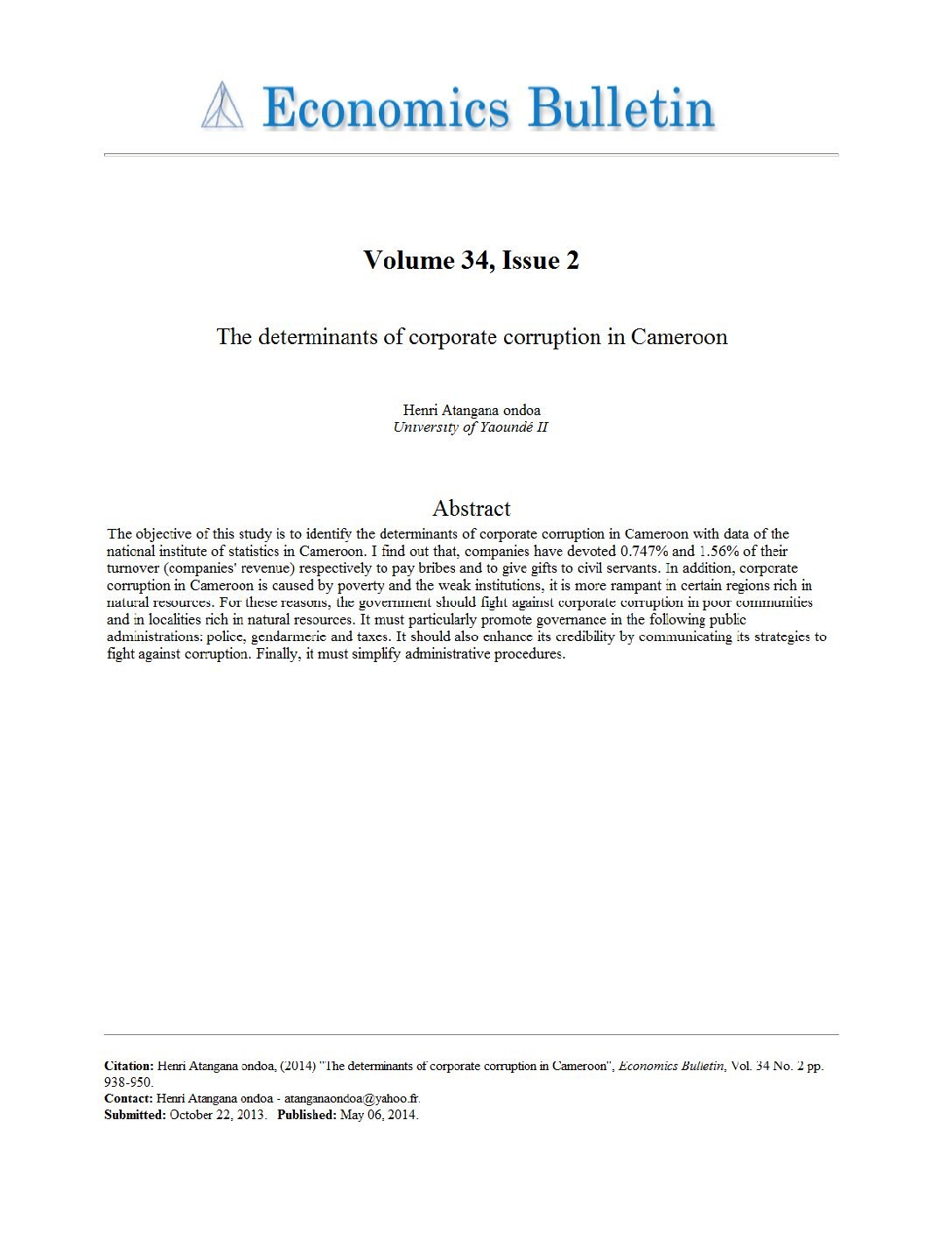 The determinants of corporate corruption in Cameroon