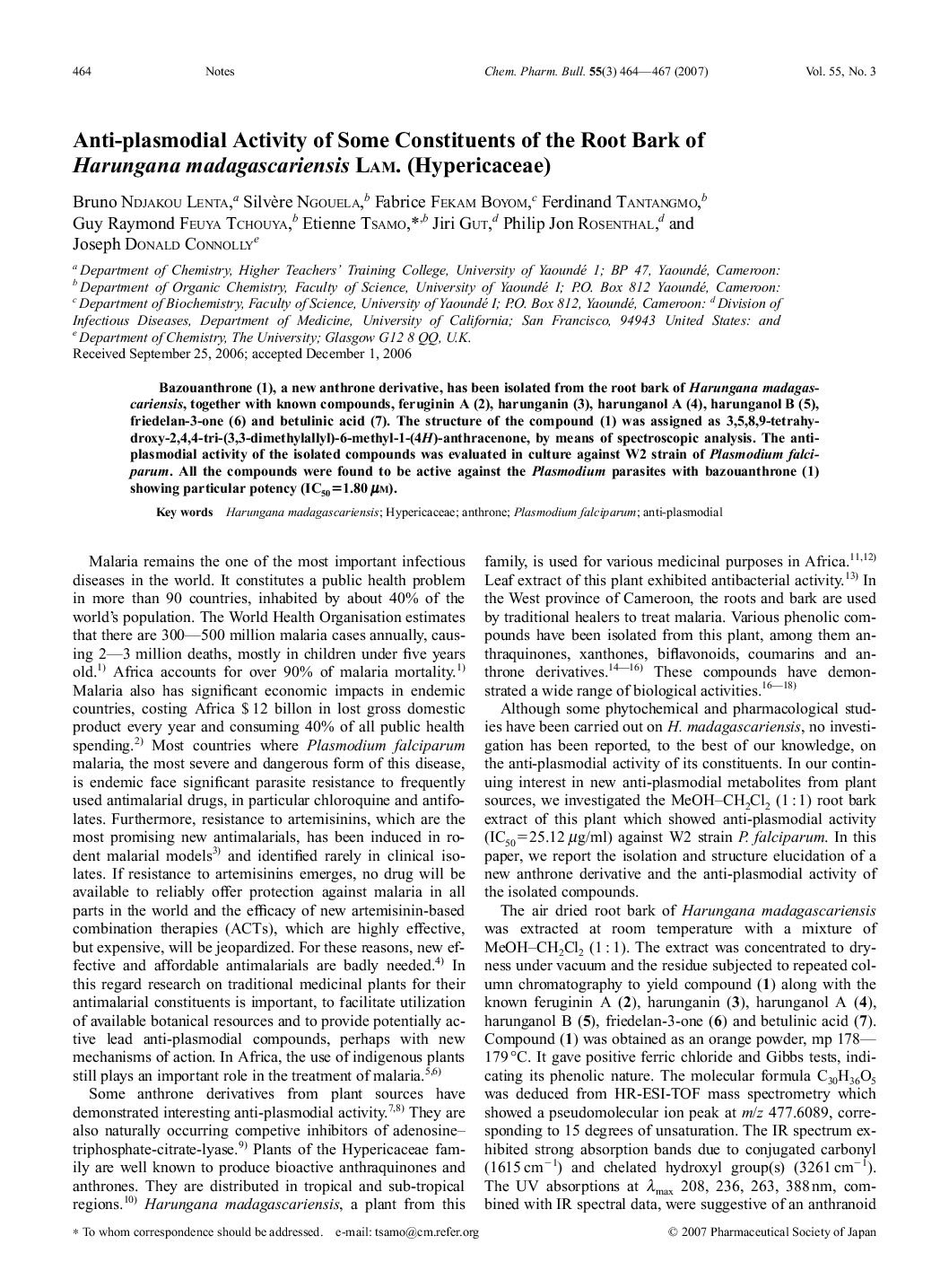 Anti-plasmodial Activity of Some Constituents of the Root Bark of Harungana madagascariensis LAM. (Hypericaceae)