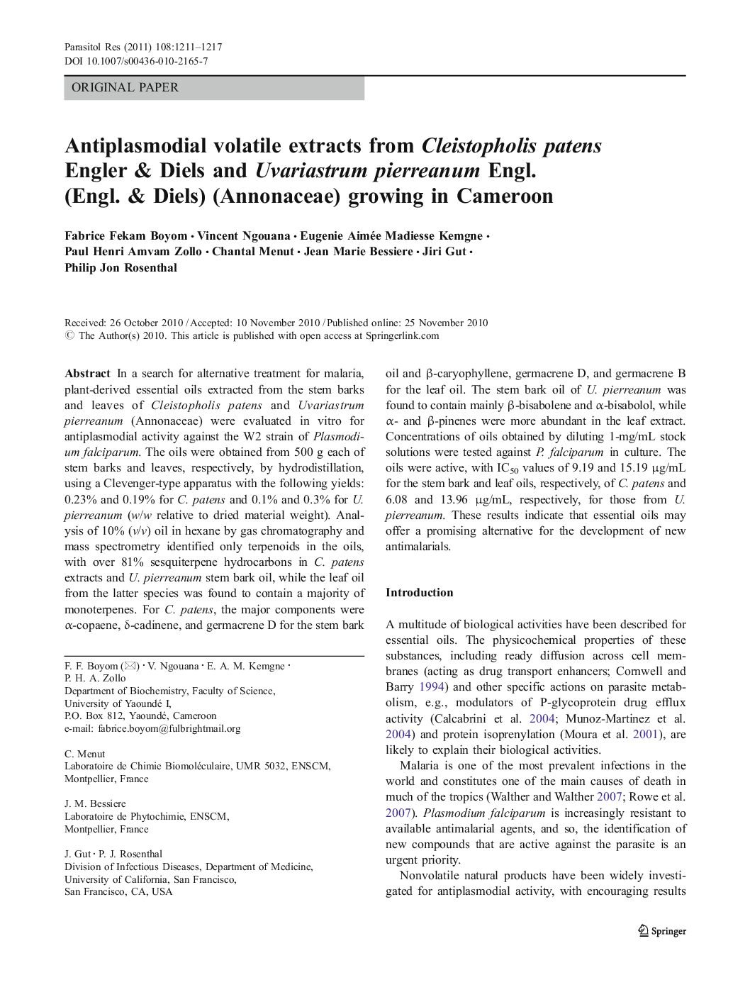 Antiplasmodial volatile extracts from Cleistopholis patens Engler & Diels and Uvariastrum pierreanum Engl. (Engl. & Diels) (Annonaceae) growing in Cameroon