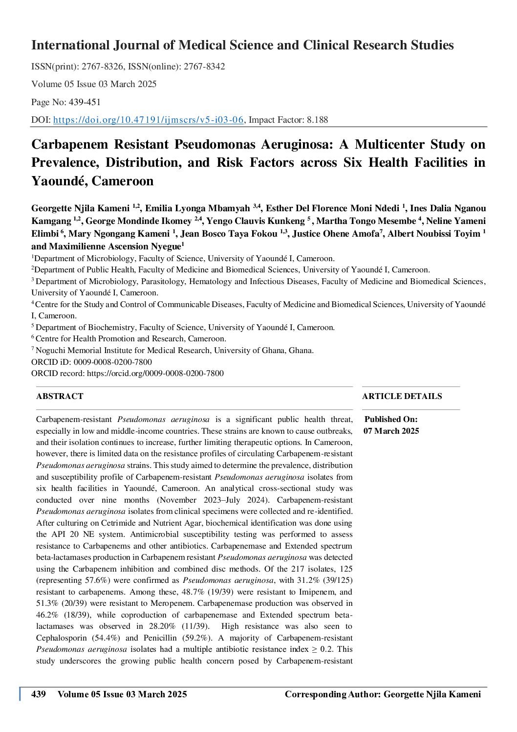 Carbapenem Resistant Pseudomonas Aeruginosa: A Multicenter Study on Prevalence, Distribution, and Risk Factors across Six Health Facilities in Yaoundé (Cameroon)