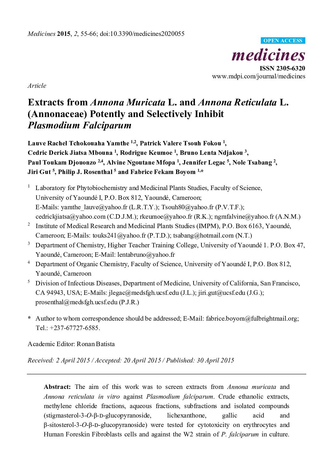 Extracts from Annona Muricata L. and Annona Reticulata L. (Annonaceae) Potently and Selectively Inhibit Plasmodium Falciparum