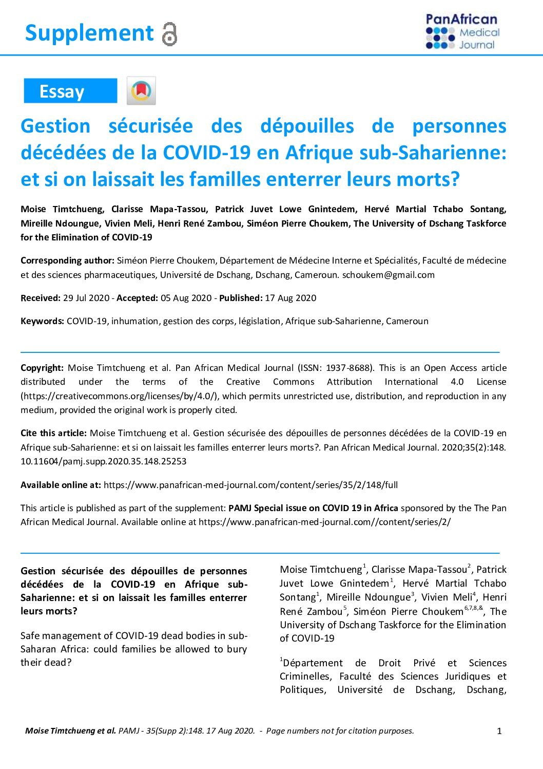 Gestion sécurisée des dépouilles de personnes décédées de la COVID-19 en Afrique sub-Saharienne: et si on laissait les familles enterrer leurs morts ?