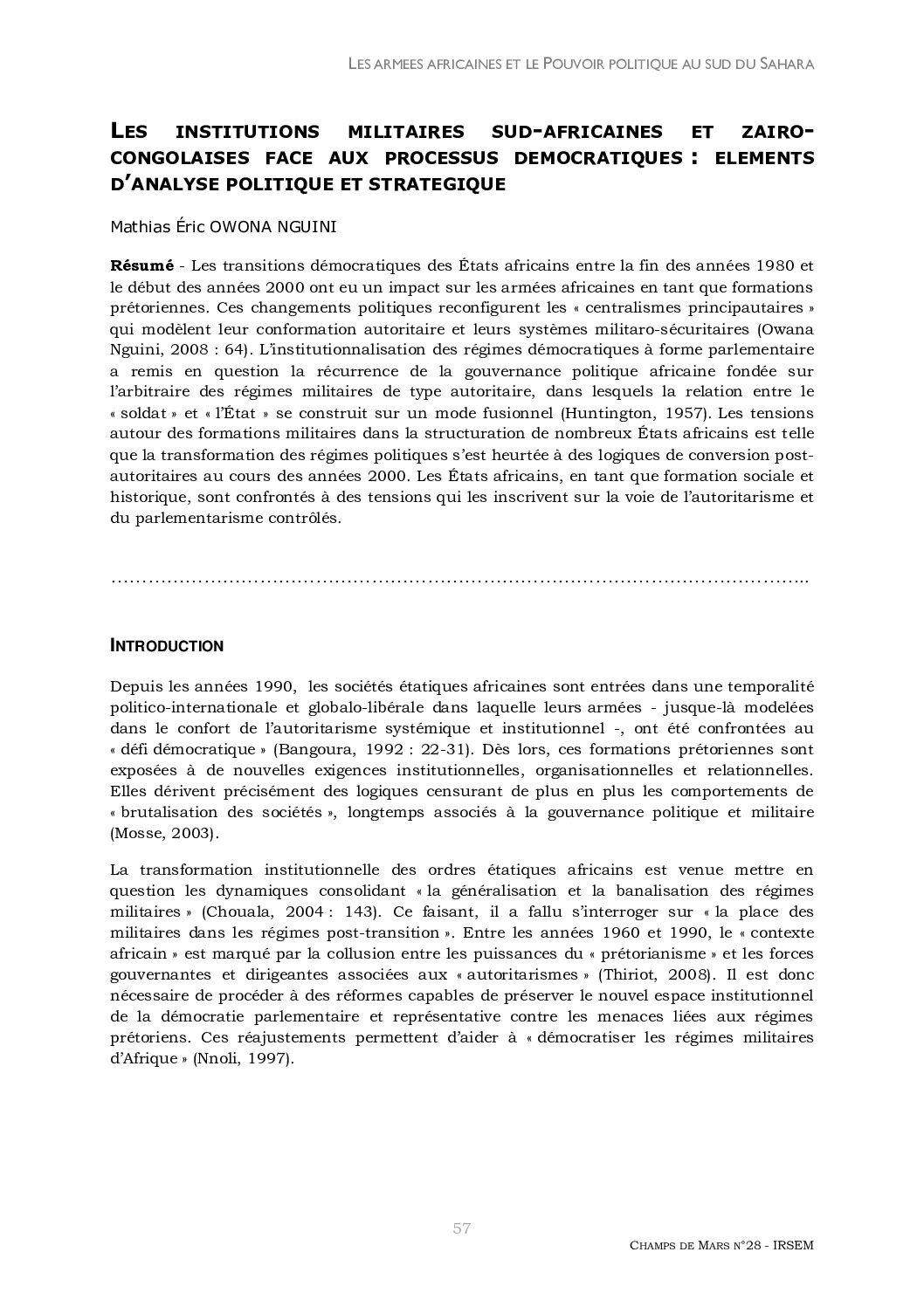 Les institutions militaires sud-africaines et zairocongolaises face aux processus démocratiques : éléments d’analyse politique et stratégique