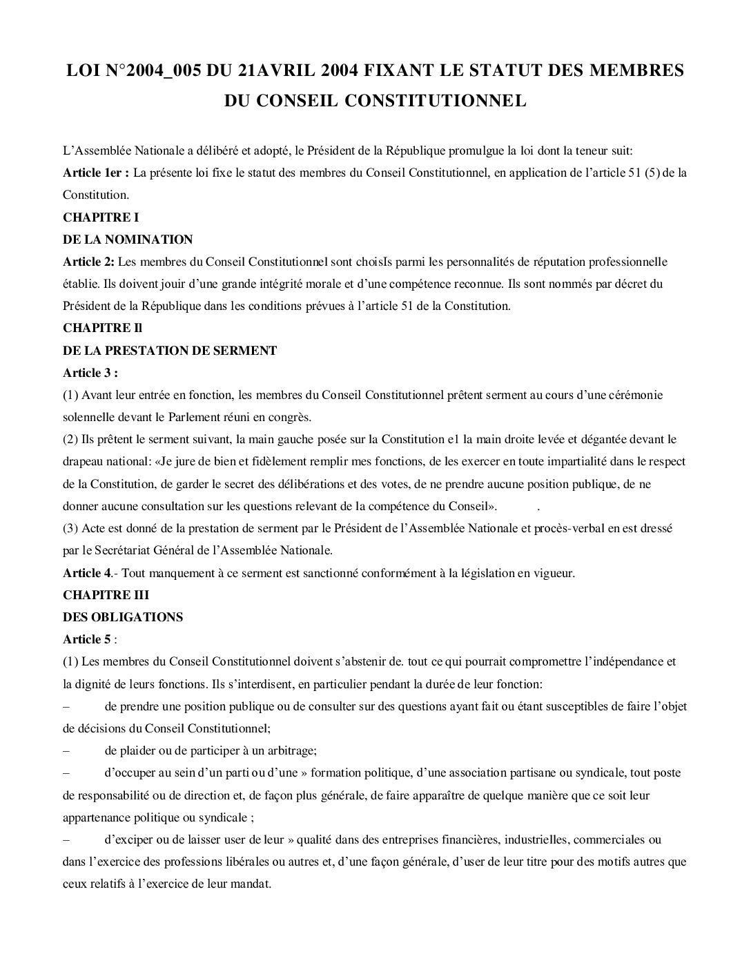 Conseil constitutionnel du Cameroun (Loi n°2004/005 portant statut des membres)