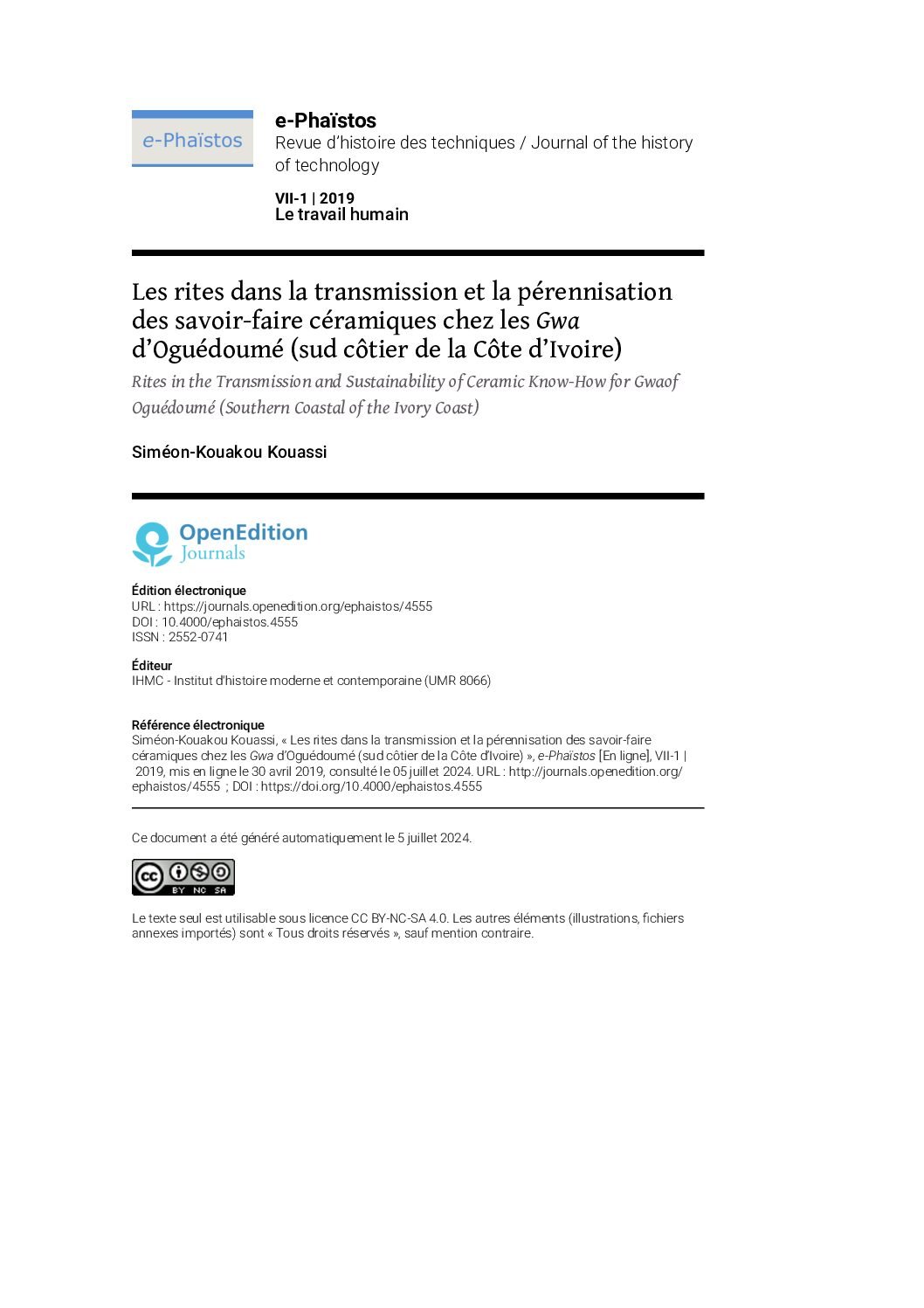 Les rites dans la transmission et la pérennisation des savoir-faire céramiques chez les Gwa d’Oguédoumé (Côte d’Ivoire)