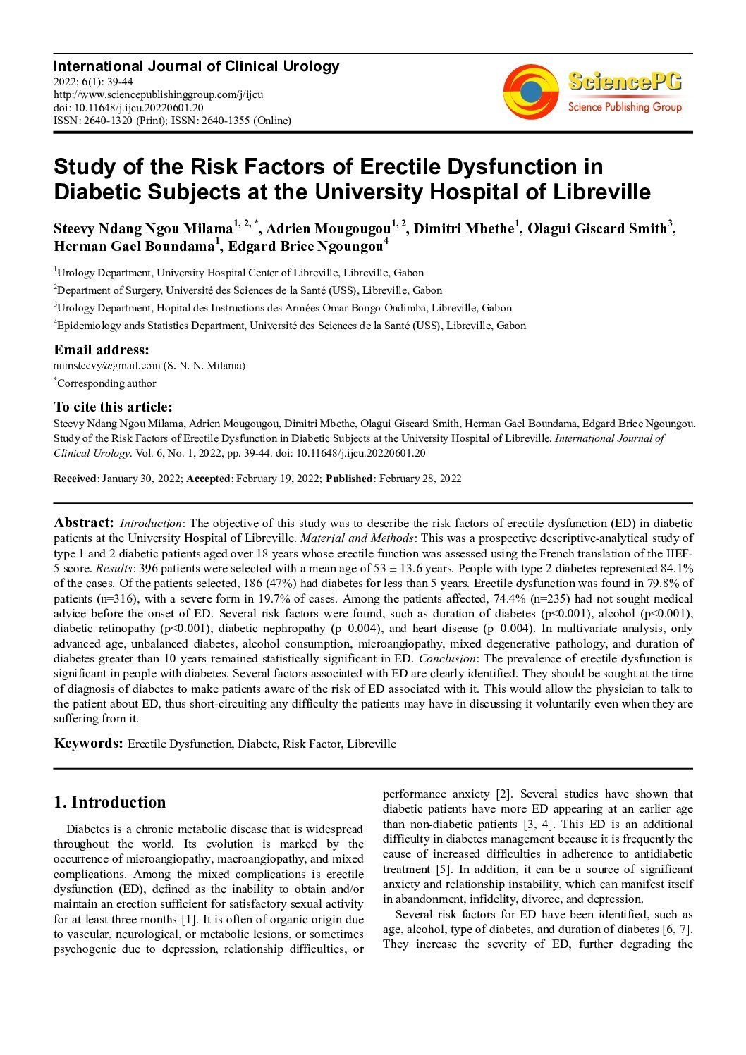 Study of the Risk Factors of Erectile Dysfunction in Diabetic Subjects at the University Hospital of Libreville