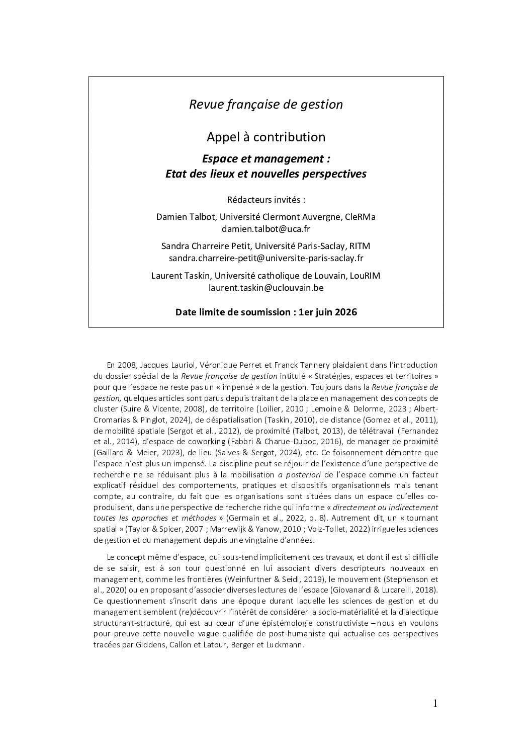 [Appel à contributions - Juin 2026] Espace et management : Etat des lieux et nouvelles perspectives