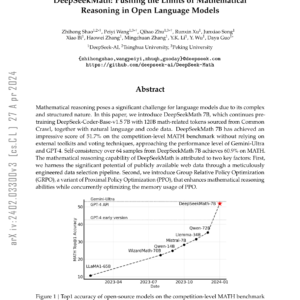 DeepSeekMath: Pushing the Limits of Mathematical Reasoning in Open Language Models