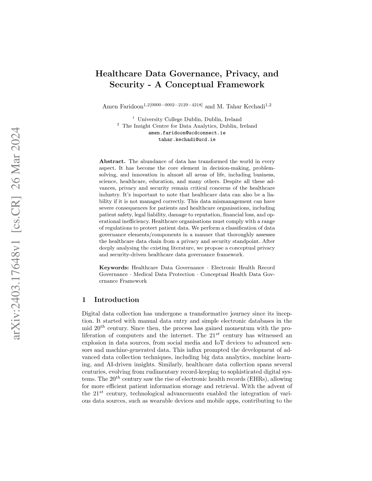 Healthcare Data Governance, Privacy, and Security: A Conceptual Framework