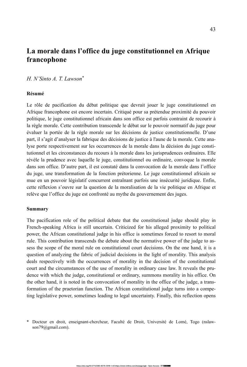 La morale dans l’office du juge constitutionnel en Afrique francophone