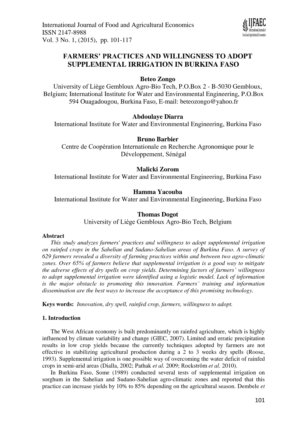 Farmers’ Practices and Willingness to Adopt Supplemental Irrigation in Burkina Faso