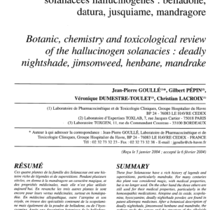 Botanique, chimie et toxicologie des solanacées hallucinogènes : belladone, datura, jusquiame, mandragore