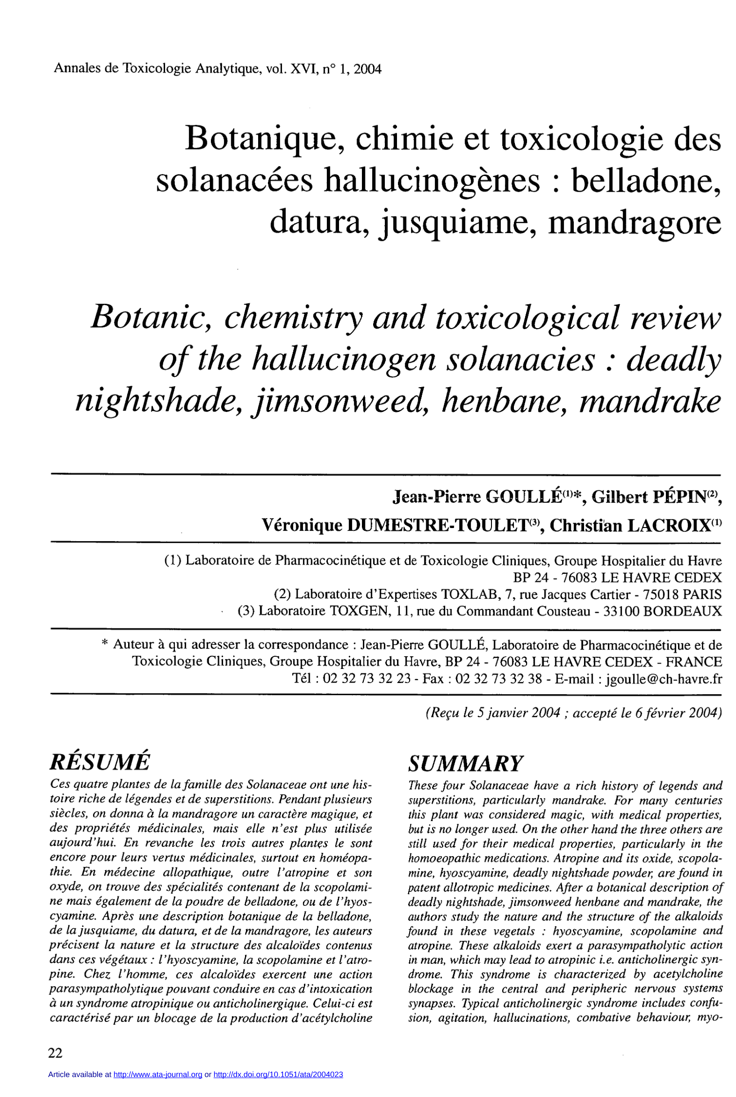 Botanique, chimie et toxicologie des solanacées hallucinogènes : belladone, datura, jusquiame, mandragore