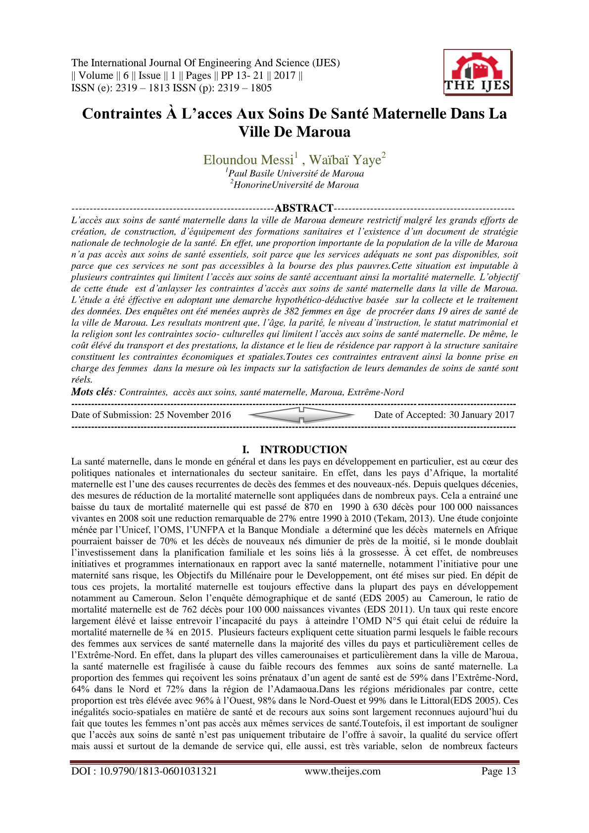 Accès aux soins maternels à Maroua : Contraintes socio-économiques et spatiales