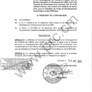 Décret : Financement BID Projet Développement Rural Dja (Cameroun)