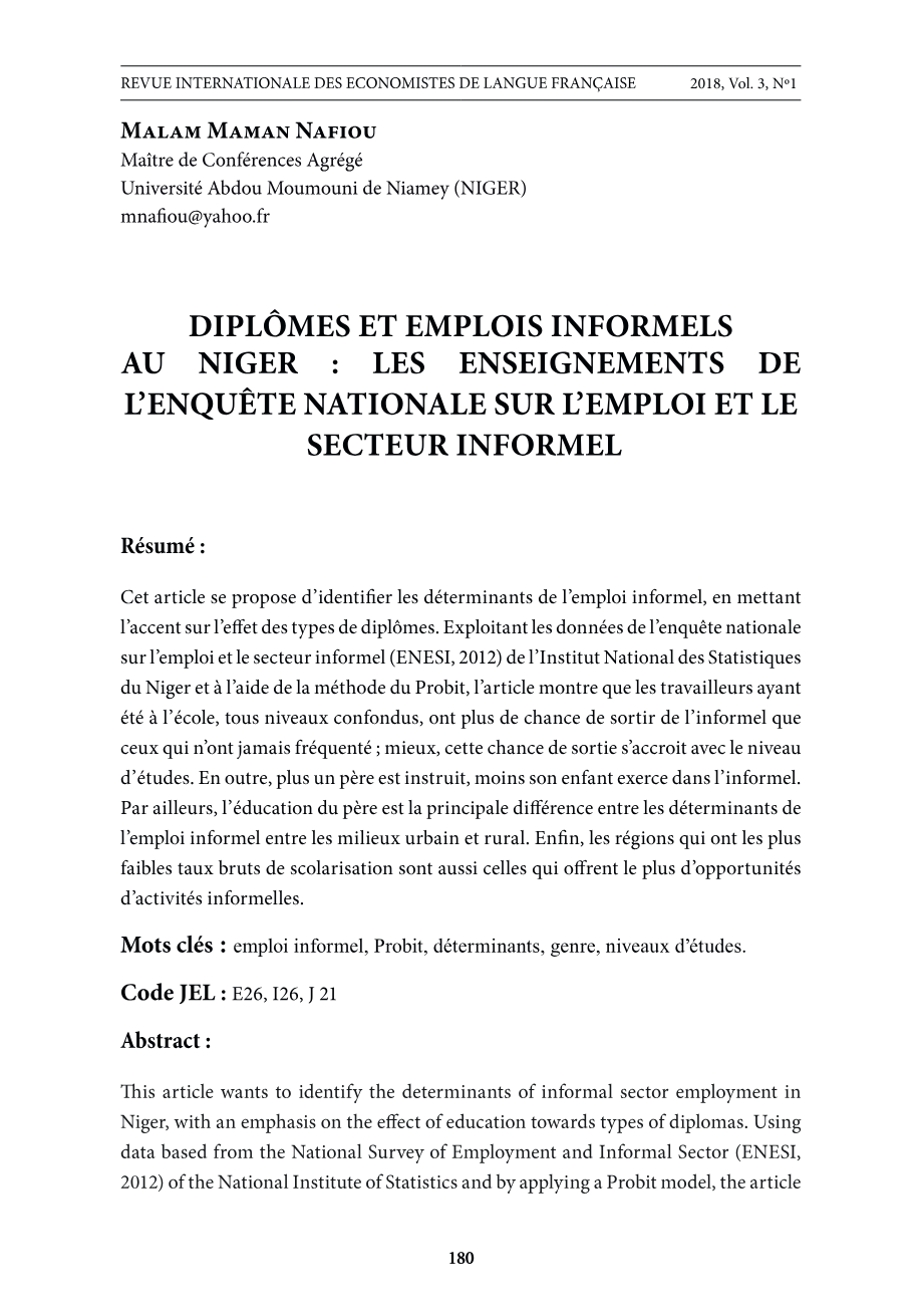 Niger : Diplômes, éducation et déterminants de l'emploi informel