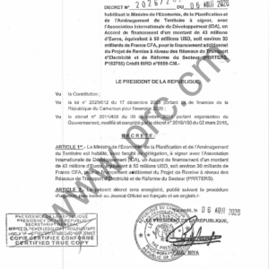 Décret : Financement IDA pour réseaux électriques et réforme secteur (Cameroun)