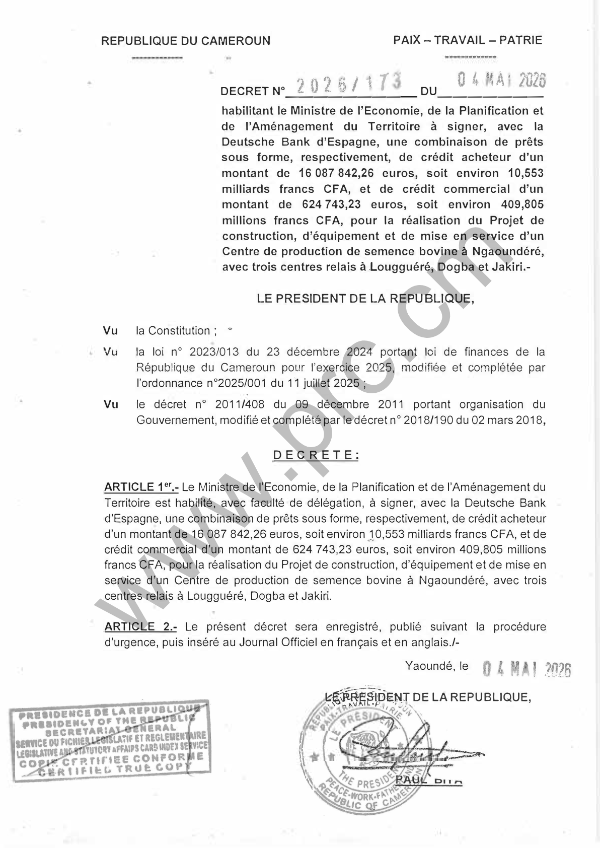 Décret : Financement Deutsche Bank Centre semence bovine (Cameroun)