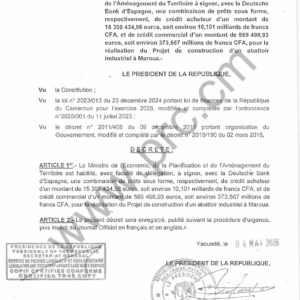 Décret : Prêts Deutsche Bank pour abattoir industriel Maroua (Cameroun)