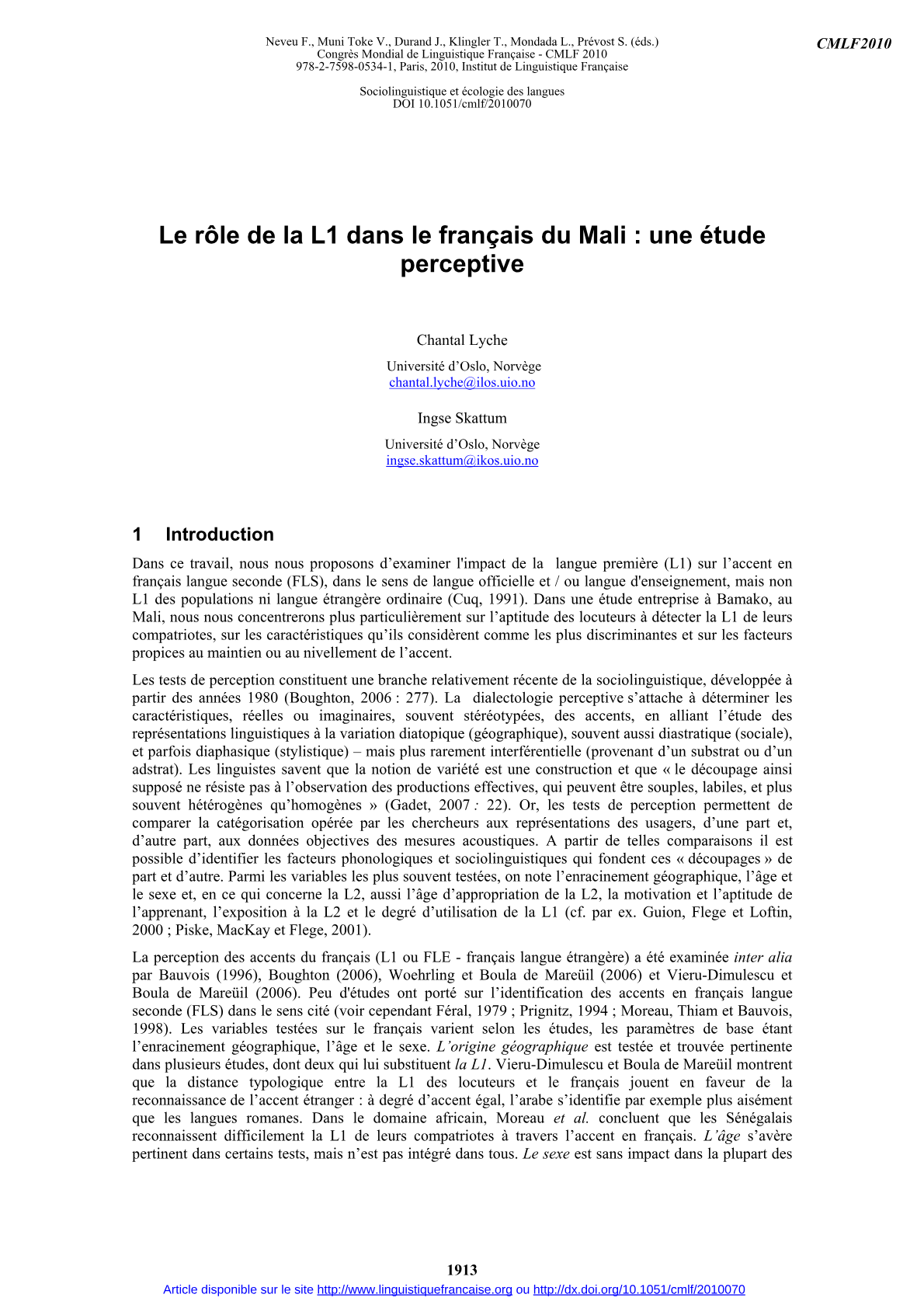 Rôle de la L1 dans le français du Mali : une étude perceptive