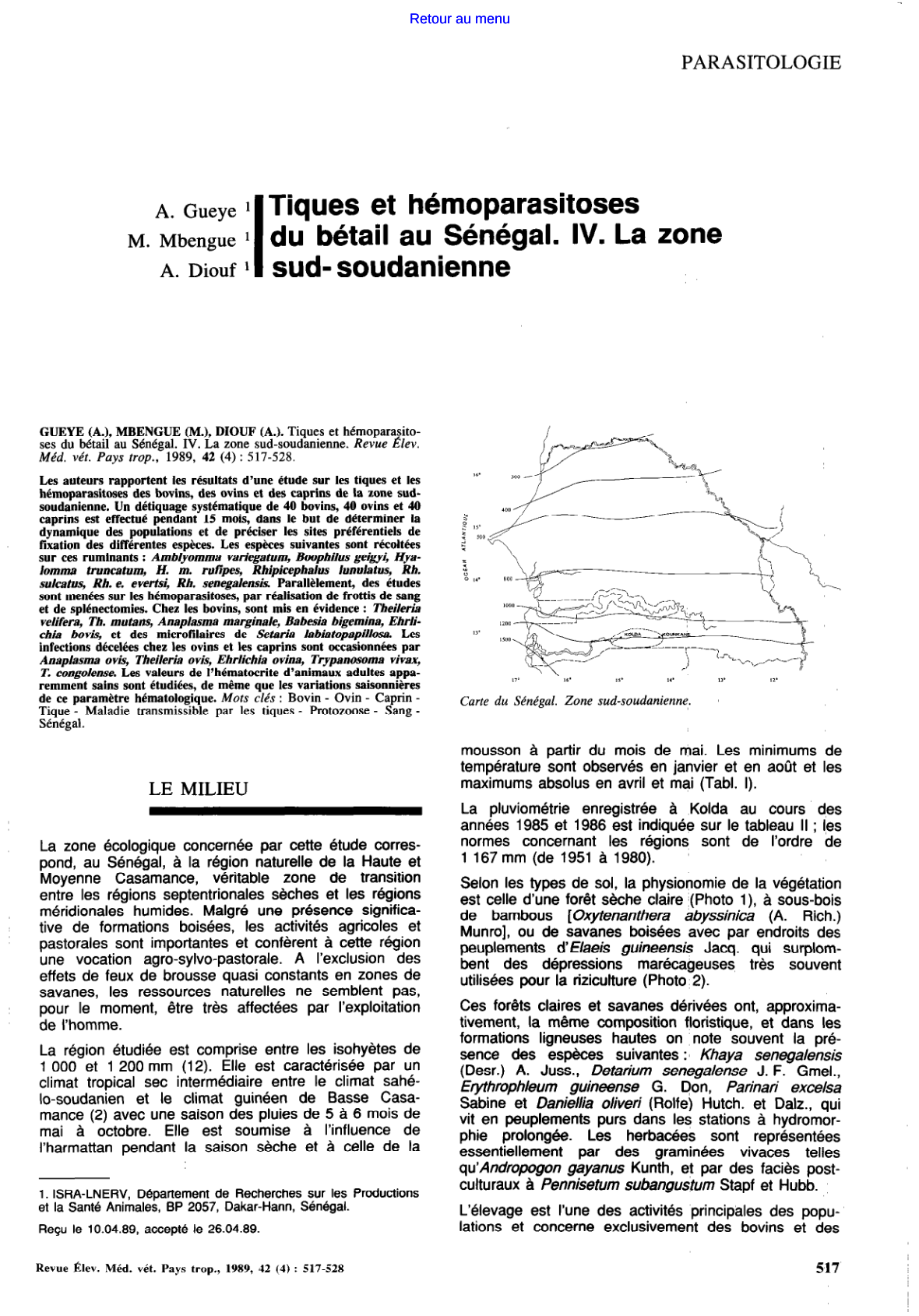 Tiques et hémoparasitoses du bétail au Sénégal : Zone sud-soudanienne