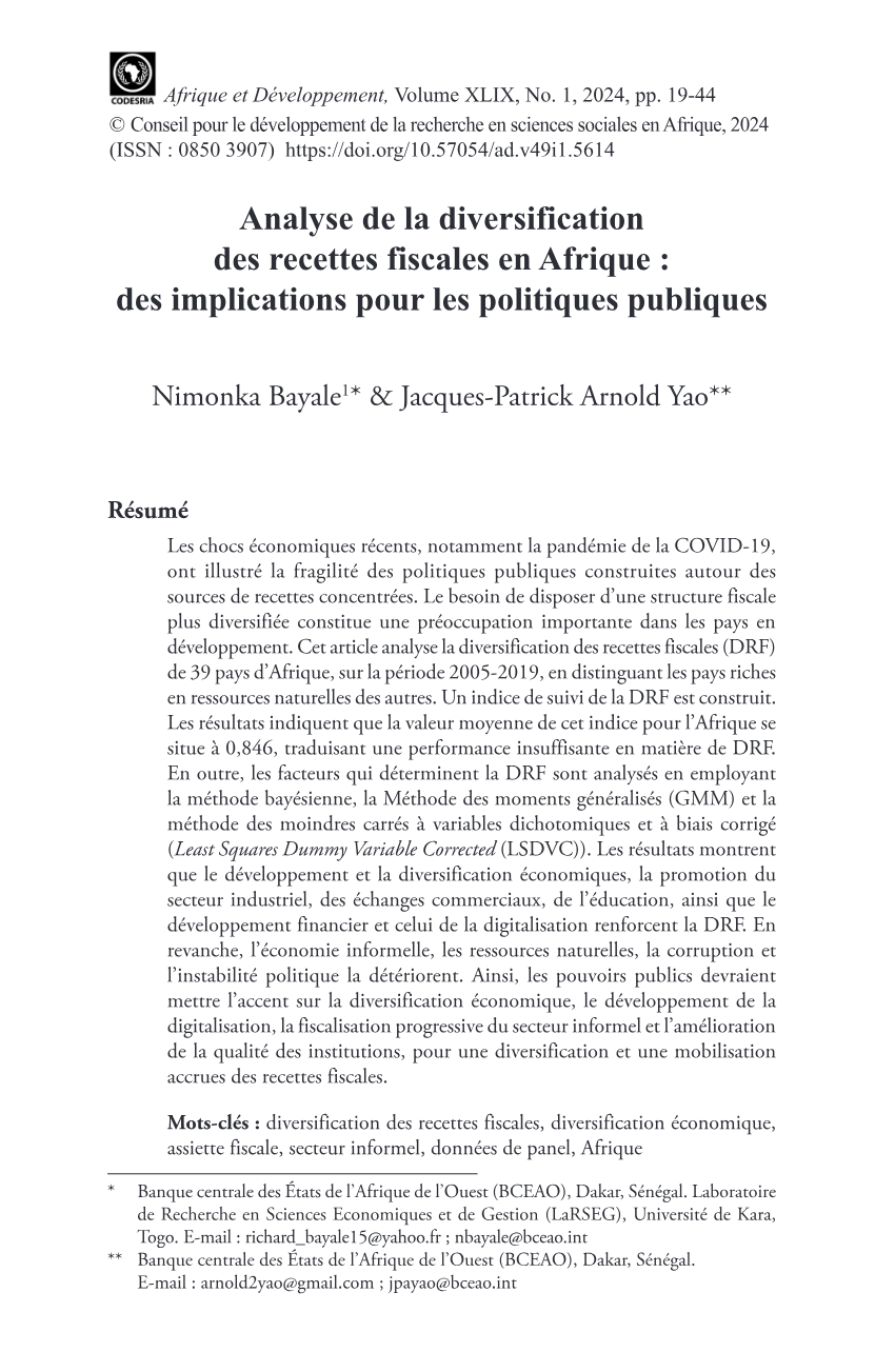 Diversification des recettes fiscales en Afrique : Politiques publiques et résilience