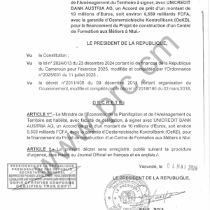Décret : Prêt UNICREDIT pour Centre de Formation (Cameroun)