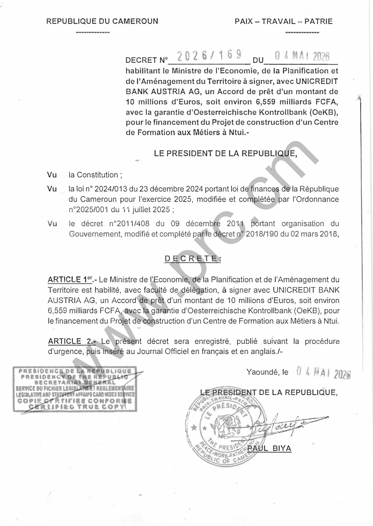 Décret : Prêt UNICREDIT pour Centre de Formation (Cameroun)