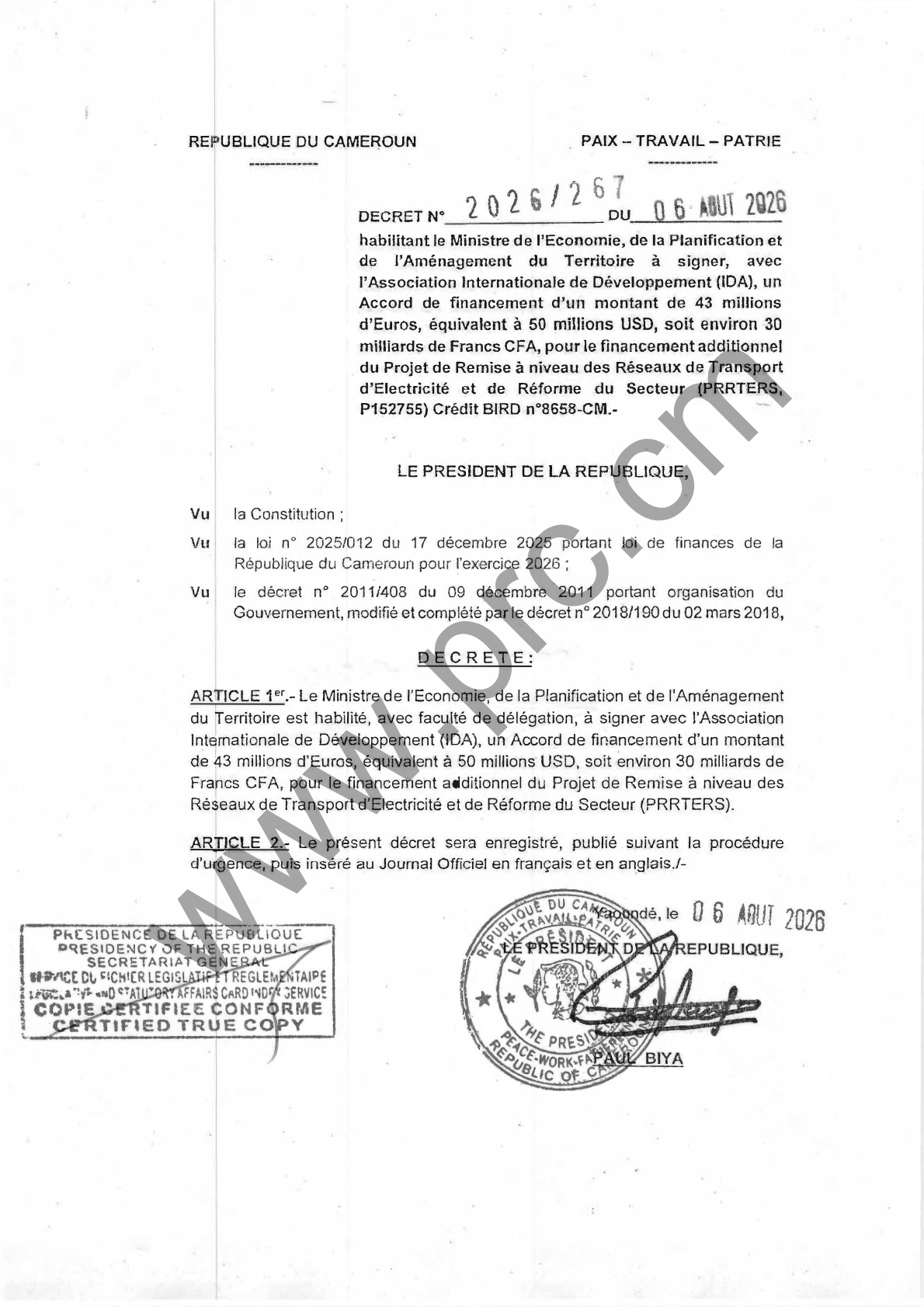 Décret : Financement additionnel IDA pour le PRRTERS (Cameroun)