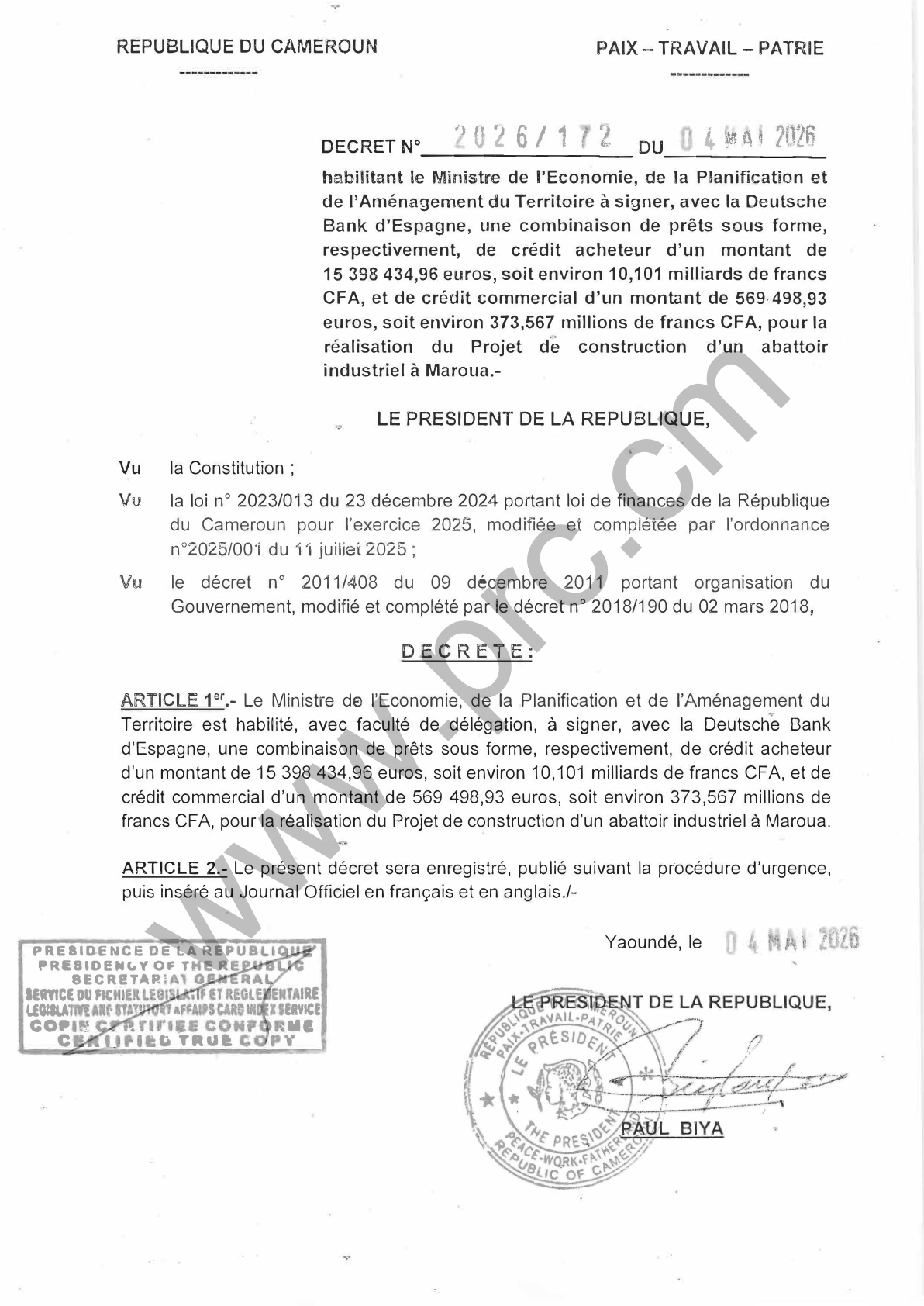 Décret : Prêts Deutsche Bank pour abattoir industriel (Maroua, Cameroun)