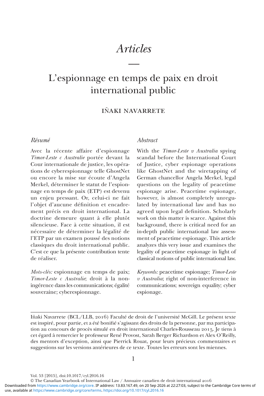L’espionnage en temps de paix en droit international public