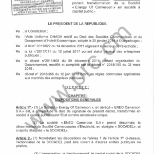 Décret : Transformation d'ENEO Cameroon en SOCADEL (Cameroun)