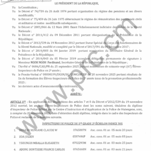 Arrêté : Intégration et reclassement d'Inspecteurs de Police (Cameroun)