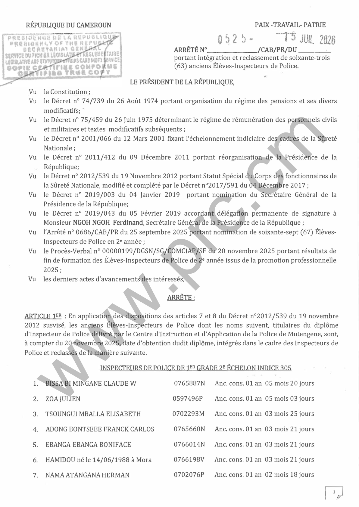 Arrêté : Intégration et reclassement d'Inspecteurs de Police (Cameroun)