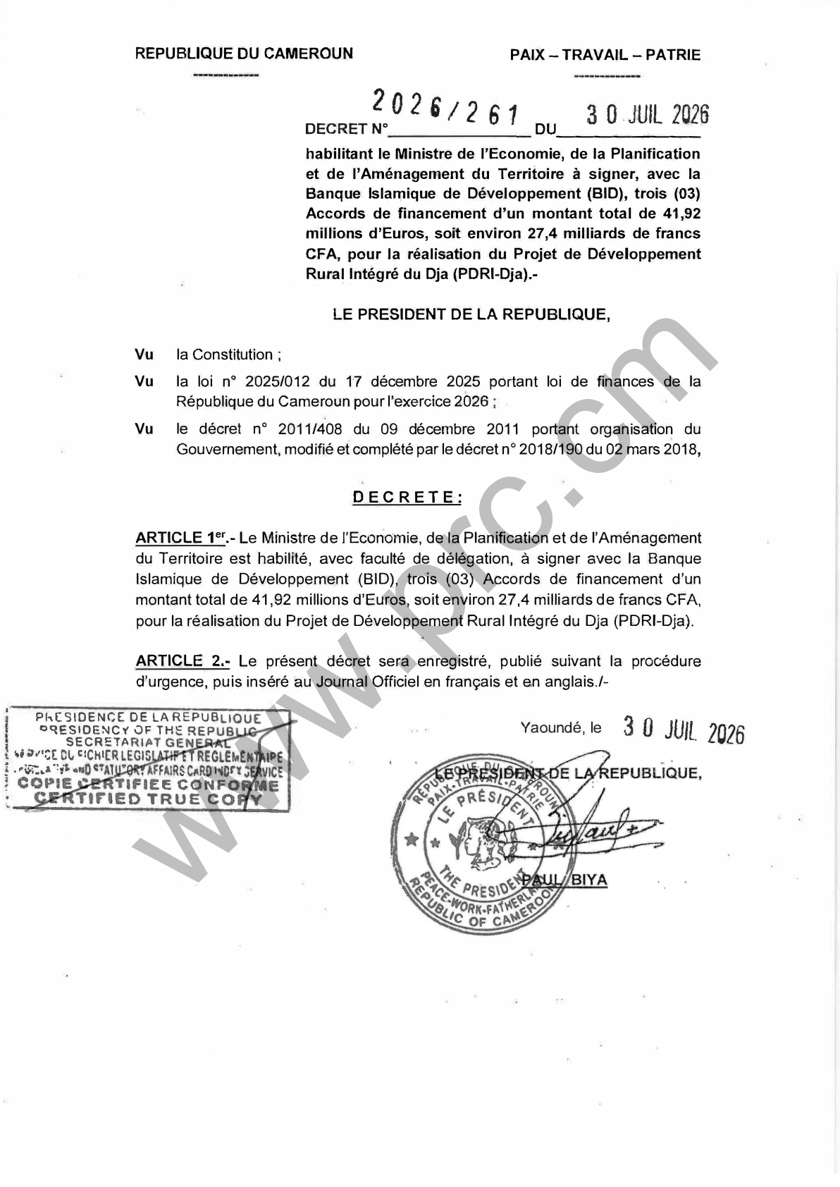 Décret : Accords de financement BID pour le PDRI-Dja (Cameroun)