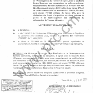 Décret : Prêts Deutsche Bank pour projet pêche Douala (Cameroun)