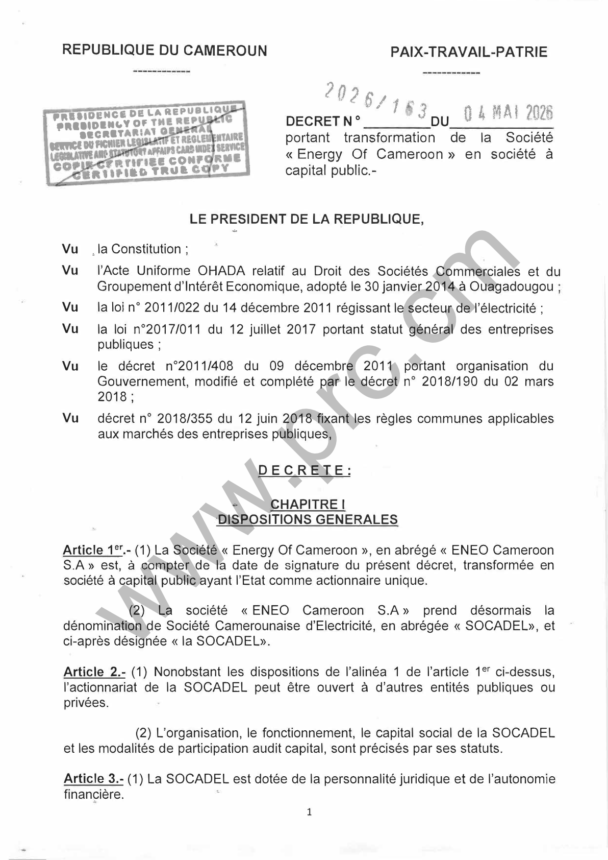 Décret : Transformation d'ENEO Cameroon en SOCADEL (Cameroun)
