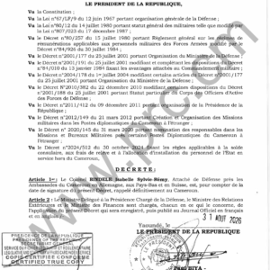 Décret : Rappel définitif d'un officier des Forces de Défense (Cameroun)