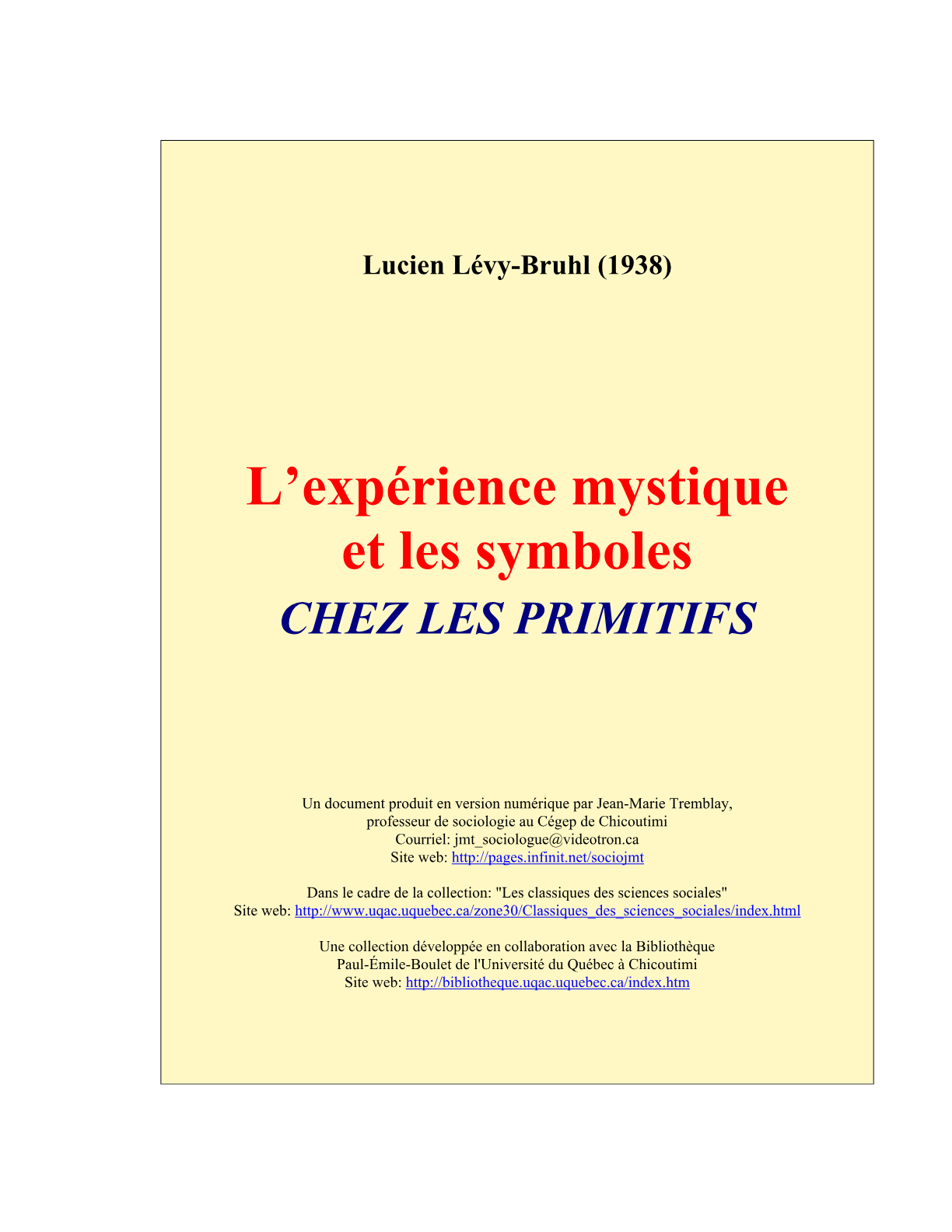 L'expérience mystique et les symboles des sociétés primitives