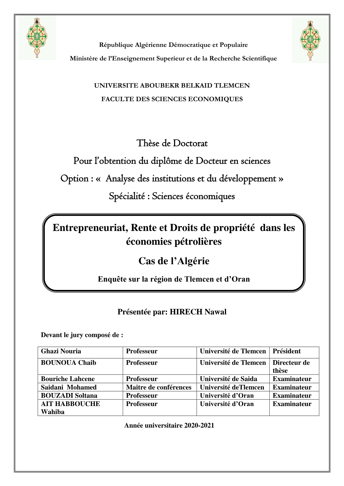 Entrepreneuriat, Rente et Droits de Propriété dans les Économies Pétrolières Algériennes