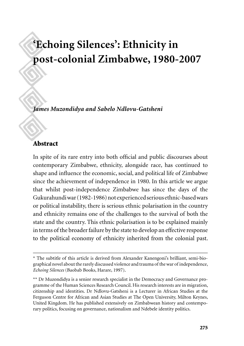 ‘Echoing Silences’: Ethnicity in post-colonial Zimbabwe, 1980-2007