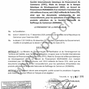 Décret : Accord de Financement Murabaha ITFC (Cameroun)
